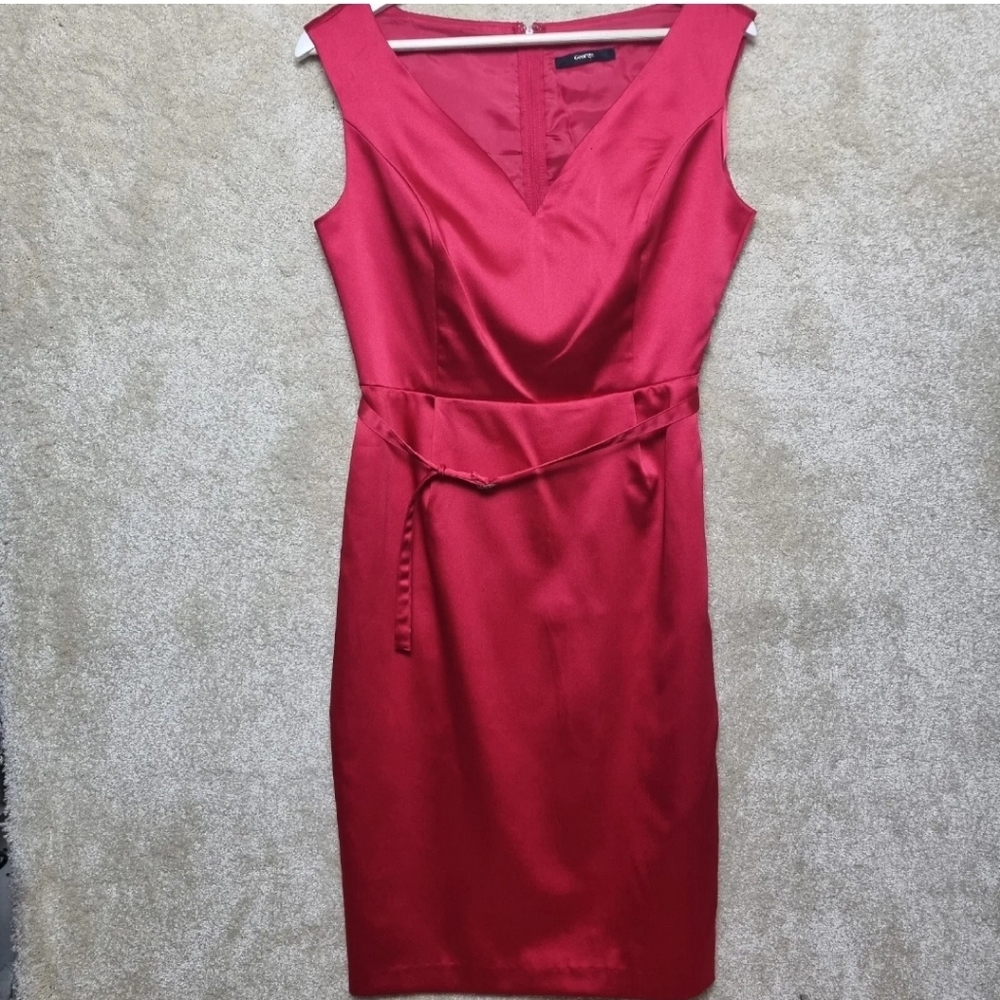 George Satin Dress Size 12 Red Pencil Dress Sweatheart Neckline Knee Length Belt - Picture 1 of 8